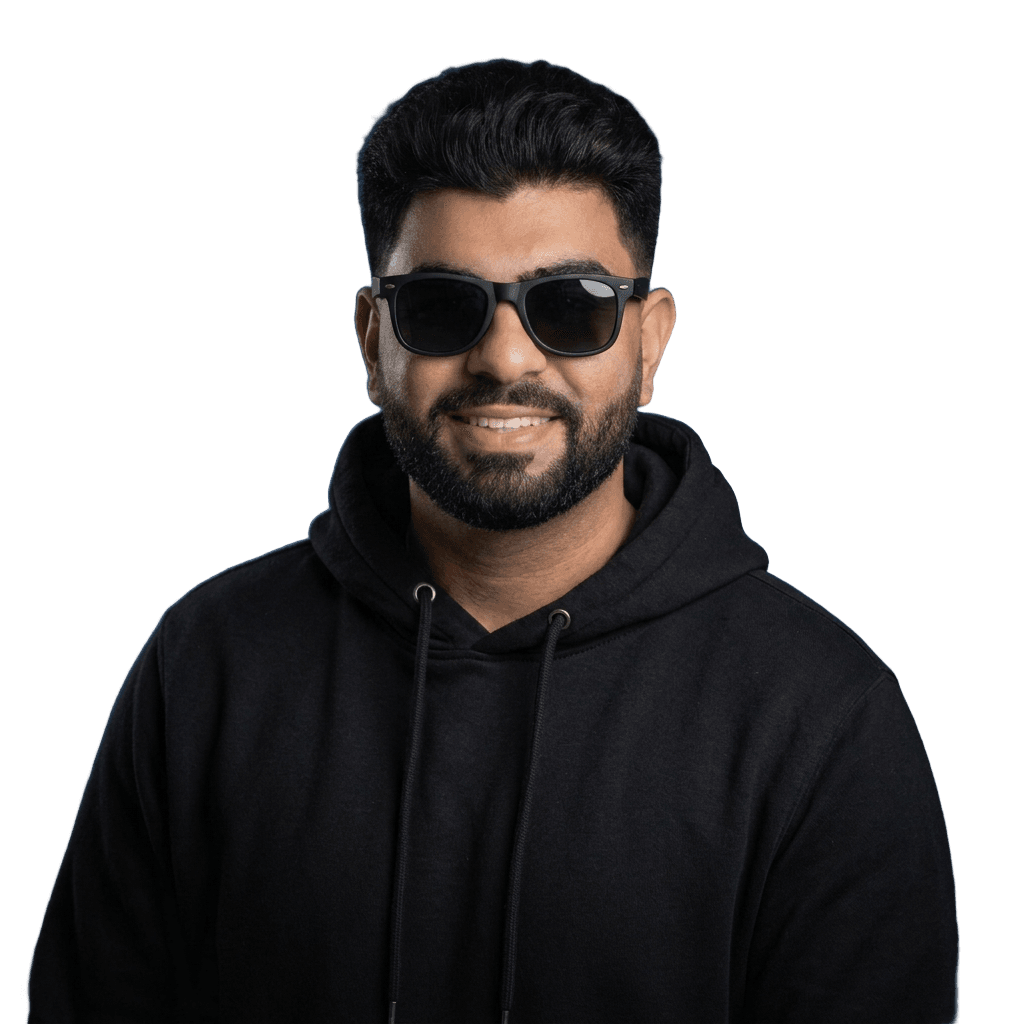 Manas Verma, hoodie and sunglasses